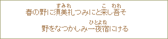 春の野に須美礼つみにと来し吾そ野をなつかしみ一夜宿＜ひとよね＞にける