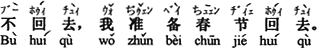 中国語:帰りません。私は春節(旧正月)に帰るつもりです。