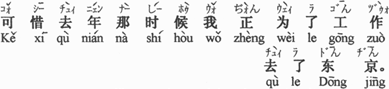 中国語:惜しいことに、去年のあの時は仕事のために東京へ行っていました。
