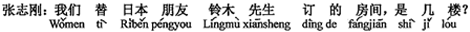 中国語:私たちが日本の友達の鈴木さんに代わって予約した部屋は何階ですか。