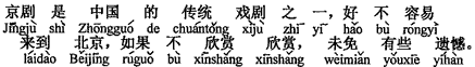 中国語:京劇は中国の伝統の芝居の一つである。やっとのことで北京へ来て、もし鑑賞しなければ、いささか残念な気がする。