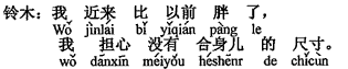 中国語:私は近頃、以前より太りました、私は体に合う寸法がないかと心配です。