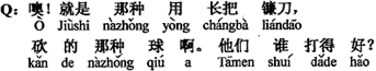 中国語:あ、それは長い柄の鎌を使って、ボールを叩き切るのだね。2人はどちらが打つのは上手?