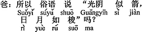 中国語：だから俗に「光陰矢のごとし、月日が経つのは早い」と言っているのだね。