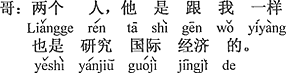 中国語:2人です。彼は私と同じく国際経済を研究しています。
