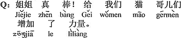 中国語:お姉さんは本当に素晴らしい。僕たち猫仲間に力を与えてくれる。