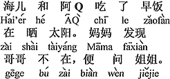 中国語:HaierとQちゃんは朝ごはんを食べて日向ぼっこをしている。お母さんはお兄さんがいないのに気付いて、お姉さんに聞いた。