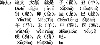 中国語:地支とは多分、子(ねずみ)、丑(牛)、寅(トラ)、卯(ウサギ)辰(龍)、巳(へび)、午(馬)、未(羊)、申(サル)、酉(鶏)、戌(犬)、亥(豚)でしょう。