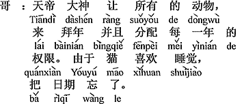 中国語:天帝があらゆる動物に、年始の挨拶に来るように、そして毎年、一年間の権限を与えるとした。ところが猫は寝るのが好きで、日にちを忘れてしまった。