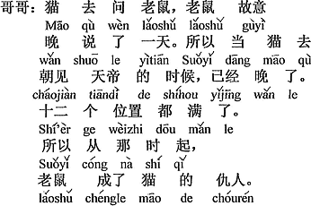 中国語:猫はネズミに聞きに行ったら、ネズミはわざと一日遅く言った。だから猫が天帝に謁見しに行った時は、すでに遅かった。十二の地位はもう一杯だった。だからその時から、ネズミは猫のかたきになった。